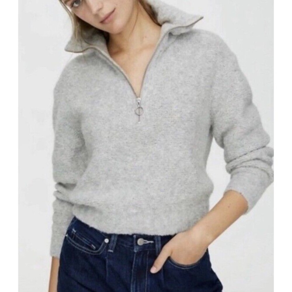 Wilfred Free Aritzia Gwyneth Quarter Zip Alpaca Soft Crop Sweater Grey Sz XXS
